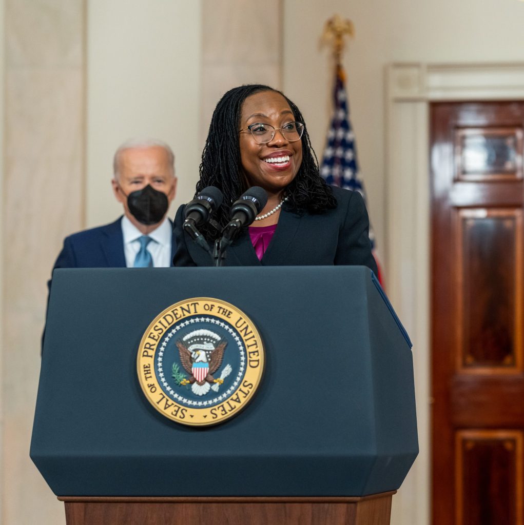 Judge Ketanji Brown Jacksons speaks at a White House press conference.